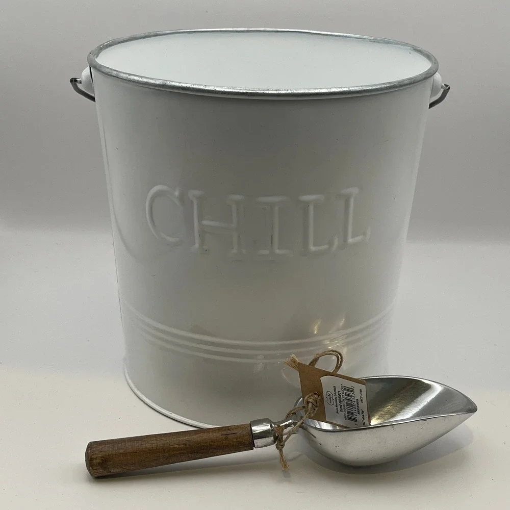 Mud Pie White Enamel Ice Bucket with Scoop Chill Farmhouse Barware 48060091 NEW